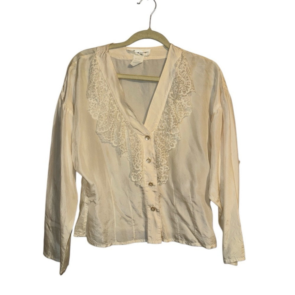 Vintage 70’s Blouse Leo Shelli Segal Silk Victorian Prairie Lace Pearl Size 9/10